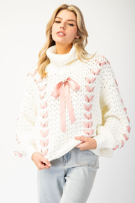 Cream Bow Lace Point Turtle Neck Sweater