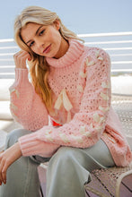 Dusty Pink Bow Lace Point Turtle Neck Sweater