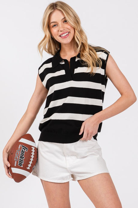 Black/White Striped Sleeveless Sweater Top