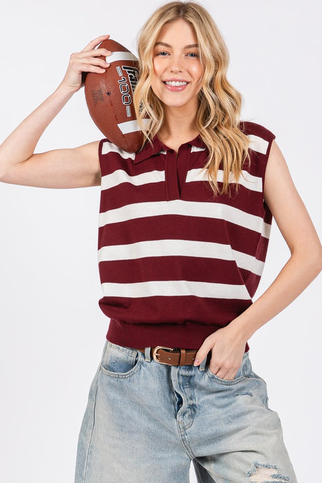 Burgundy/White Striped Sleeveless Sweater Top