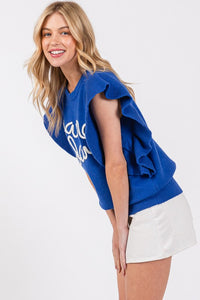 Royal/White Ruffle Sleeve Gameday Sweater Top