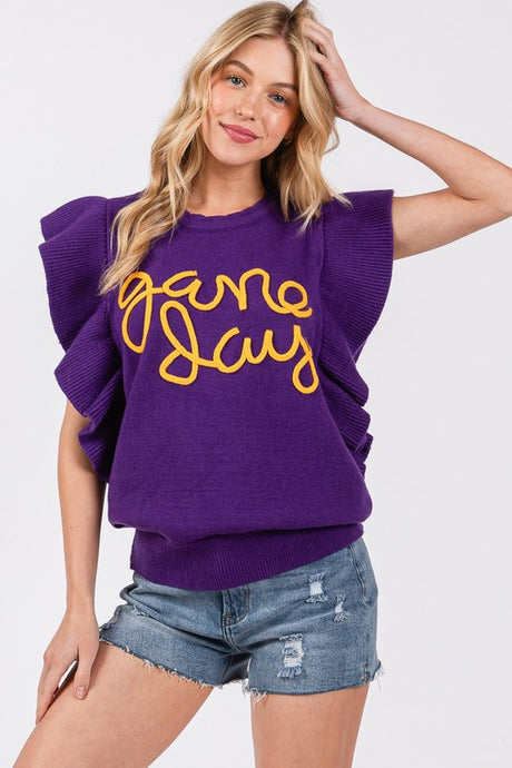 Purple/Yellow Ruffle Sleeve Gameday Sweater Top