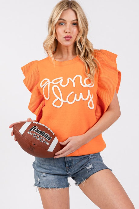 Orange/White Ruffle Sleeve Gameday Sweater Top