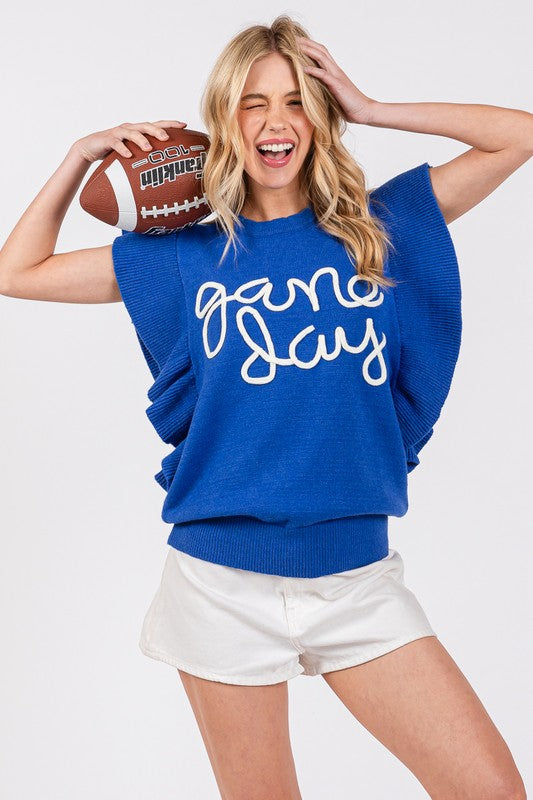 Royal/White Ruffle Sleeve Gameday Sweater Top