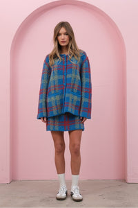 Blue Check Playful Check Cardigan And Skirt Set