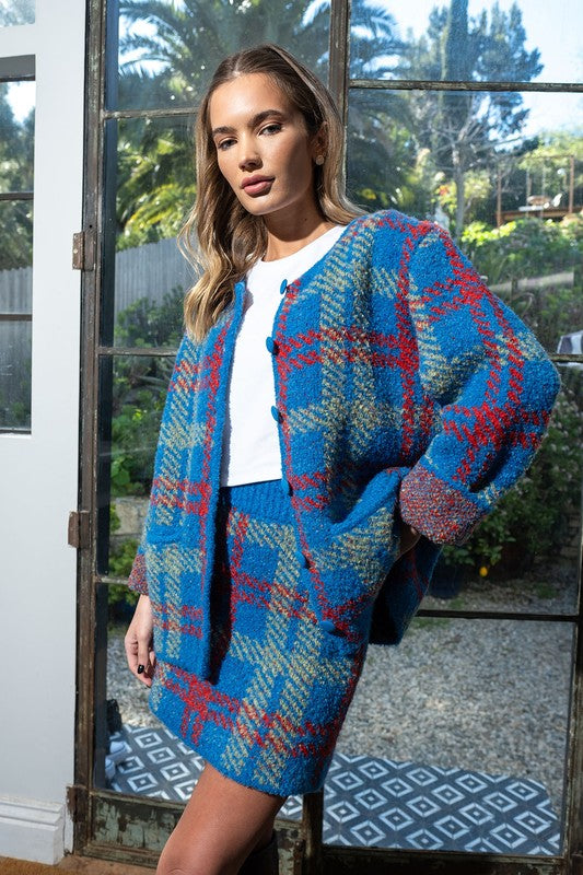 Blue Check Playful Check Cardigan And Skirt Set