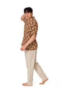 Brown Crochet Embroidered Leaf Short Sleeve Men Shirt