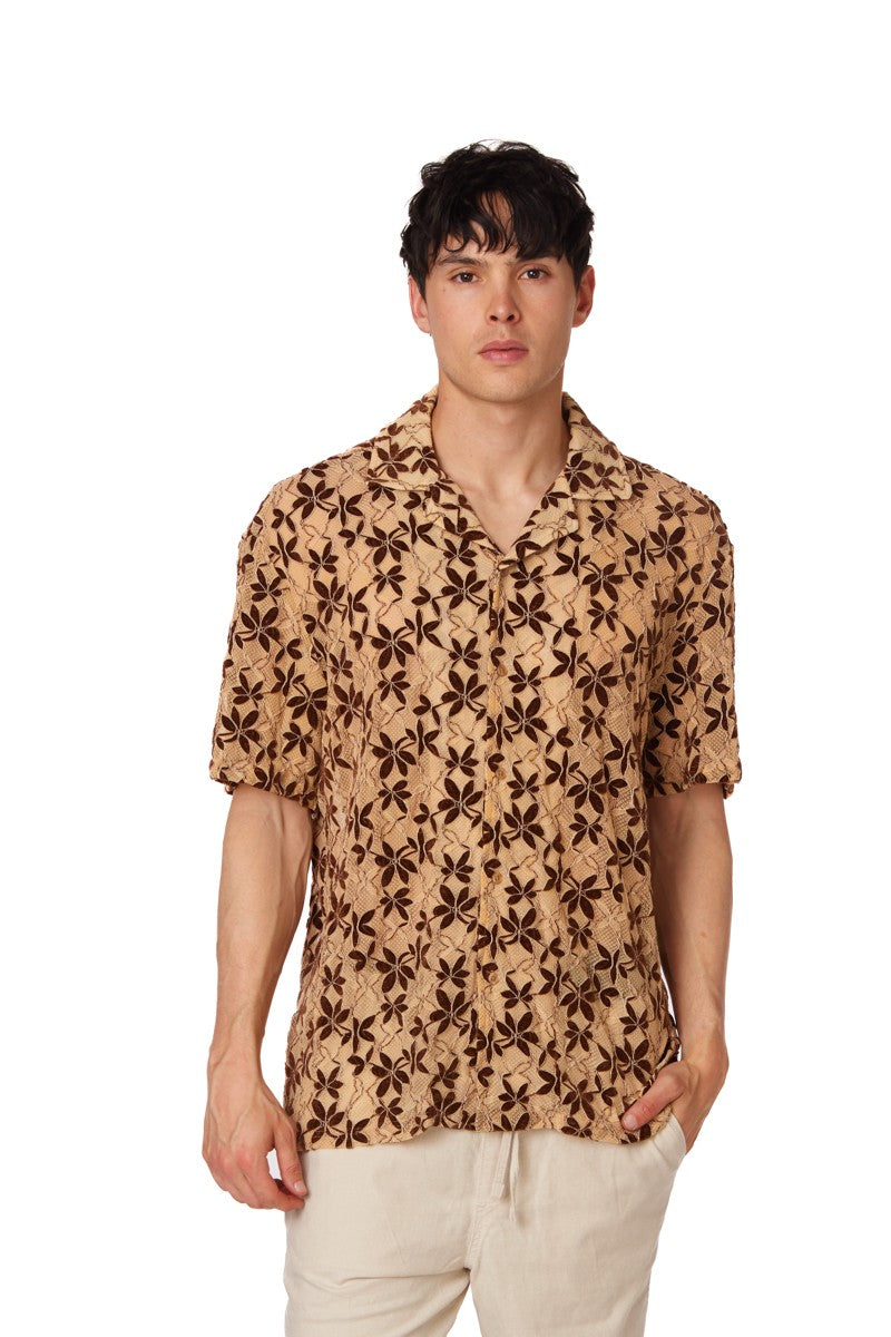 Brown Crochet Embroidered Leaf Short Sleeve Men Shirt