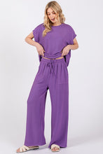 Purple Ribbed Round Neck Top And Pants Set