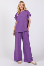 Purple Ribbed Round Neck Top And Pants Set