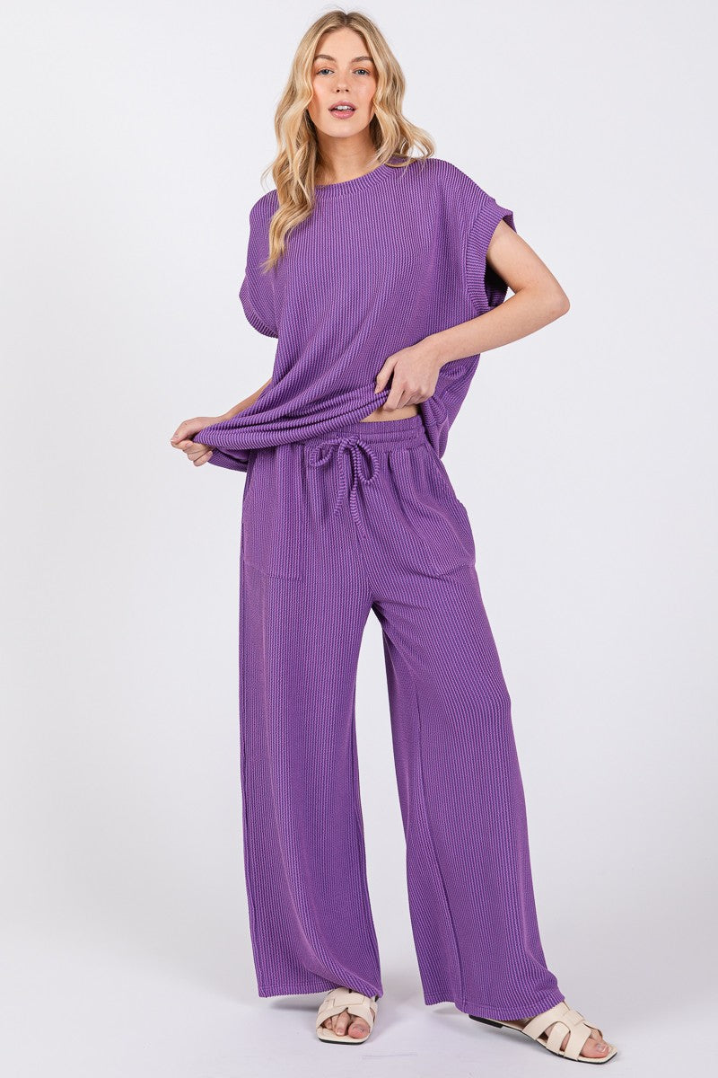 Purple Ribbed Round Neck Top And Pants Set