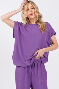 Purple Ribbed Round Neck Top And Pants Set