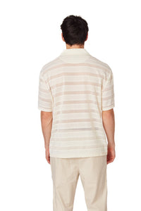 Off White Crochet Stripe Textured Short Sleeve Shirt