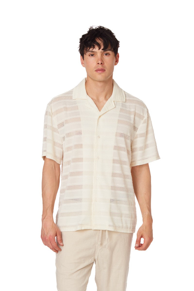 Off White Crochet Stripe Textured Short Sleeve Shirt