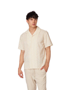 Cream Crochet Textured Short Sleeve Men's Cotton Shirt