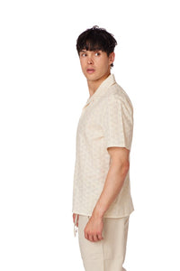 Cream Crochet Textured Short Sleeve Men's Cotton Shirt