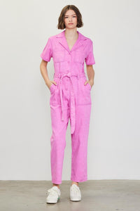 Rose Violet Short Sleeve Washed Utility Jumpsuit