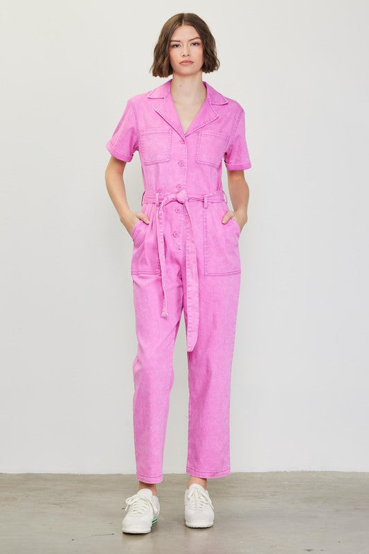 Rose Violet Short Sleeve Washed Utility Jumpsuit