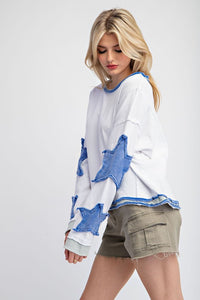 Blue Mineral Washed Star Embroidered Top