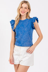 Royal Mineral Washed Ruffle Sleeve Top