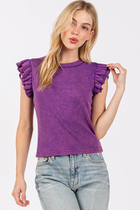 Purple Mineral Washed Ruffle Sleeve Top