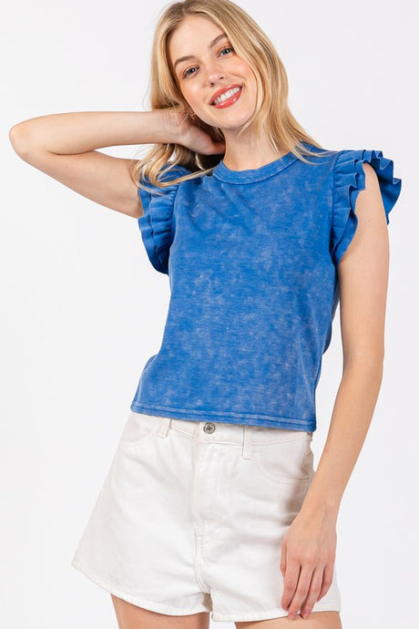 Royal Mineral Washed Ruffle Sleeve Top