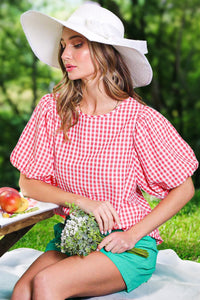 Red Puff Sleeve Gingham Print Seersucker Woven Top