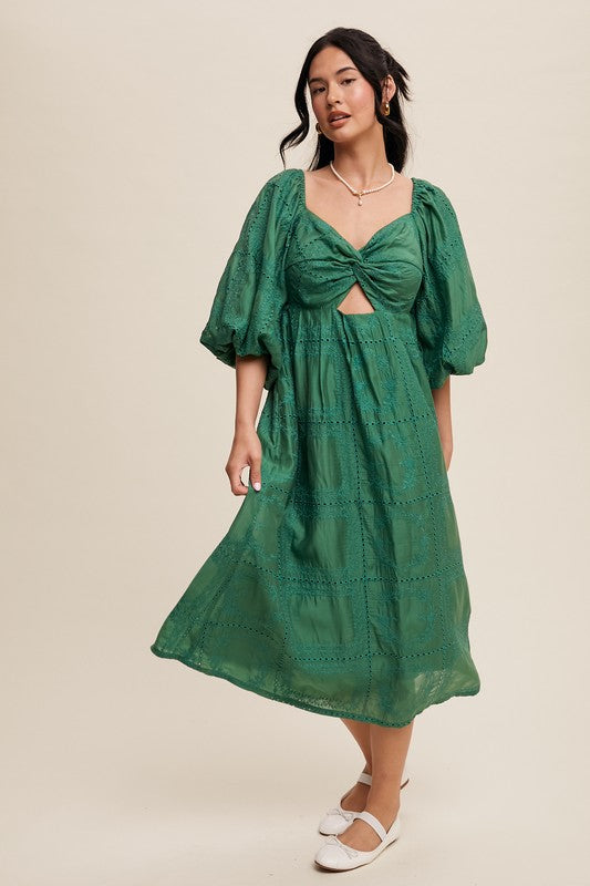 Green Twist-Front Cutout Puff Sleeve Eyelet Midi Dress