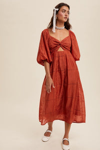 Brick Twist-Front Cutout Puff Sleeve Eyelet Midi Dress