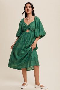 Green Twist-Front Cutout Puff Sleeve Eyelet Midi Dress