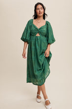 Green Twist-Front Cutout Puff Sleeve Eyelet Midi Dress