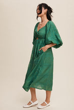 Green Twist-Front Cutout Puff Sleeve Eyelet Midi Dress