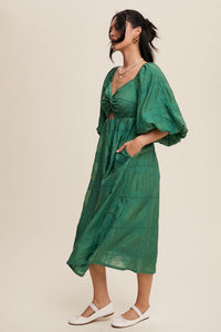 Green Twist-Front Cutout Puff Sleeve Eyelet Midi Dress