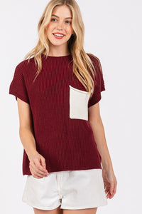 Burgundy/White Color Blocked Sweater Top