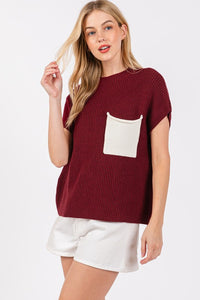 Burgundy/White Color Blocked Sweater Top