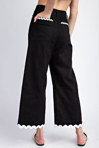 Black Ric Rac Trim Cropped Straight Leg Pants