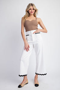 Off White Ric Rac Trim Cropped Straight Leg Pants