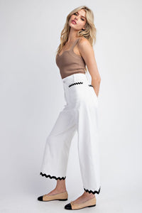 Off White Ric Rac Trim Cropped Straight Leg Pants