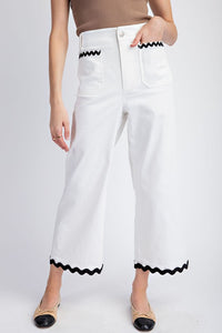 Off White Ric Rac Trim Cropped Straight Leg Pants