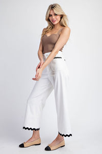 Off White Ric Rac Trim Cropped Straight Leg Pants