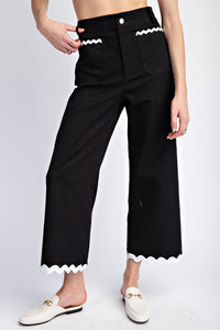 Black Ric Rac Trim Cropped Straight Leg Pants