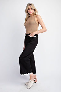 Black Ric Rac Trim Cropped Straight Leg Pants