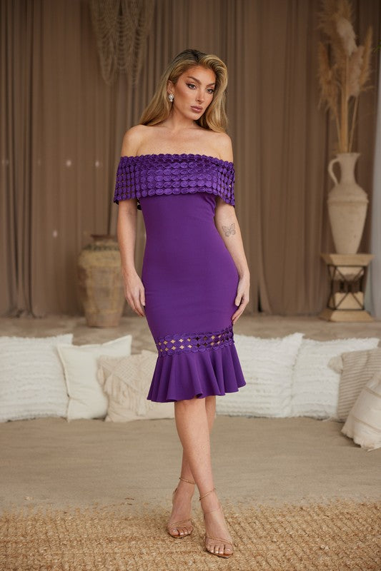 Ultra Violet Crochet Band Off Shoulder Dress