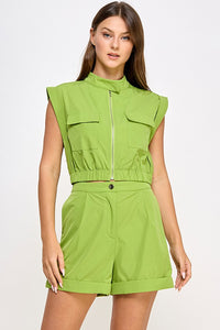 Lime Short Sleeve Flap Pocket Vest Top With Rolled Up Hem Short Set