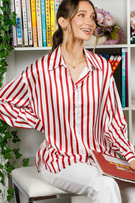 Burgundy Long Sleeve Button Down Striped Satin Shirt