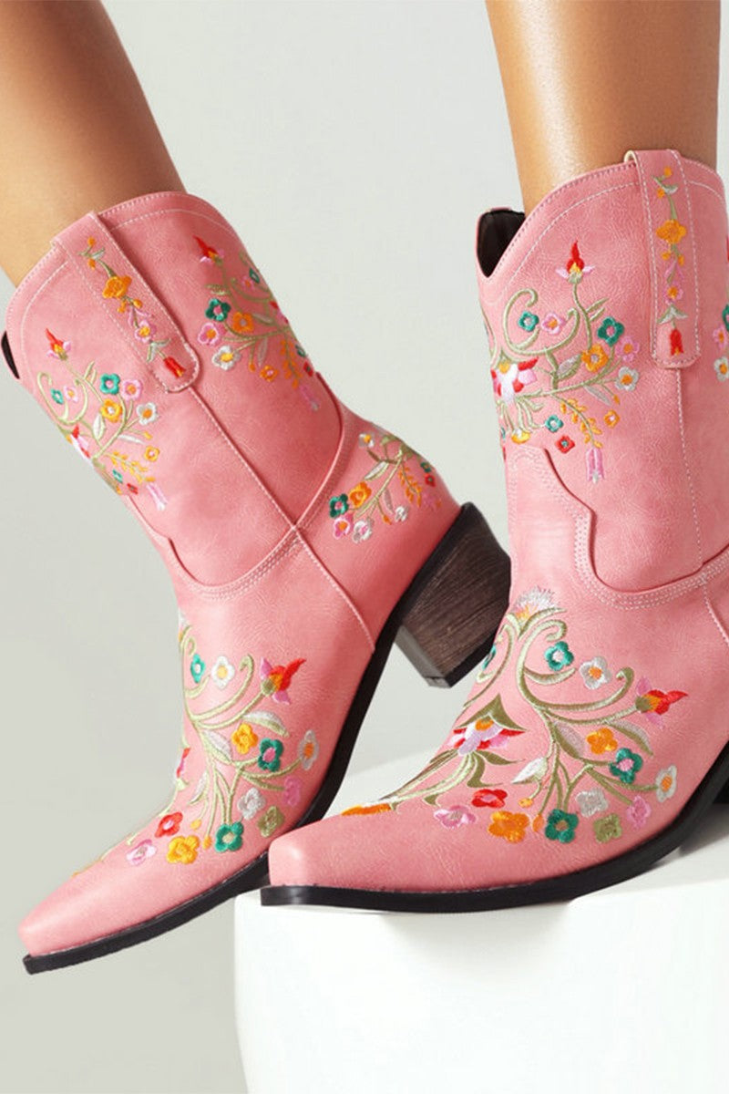 Pink Embroidered Chunky Heel Boots