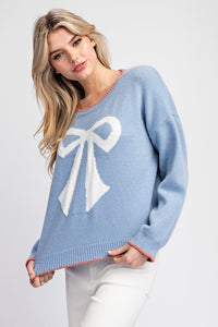 Denim Bow Stitch Long Sleeve Sweater Top