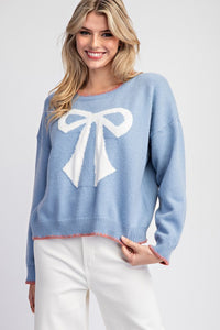 Denim Bow Stitch Long Sleeve Sweater Top