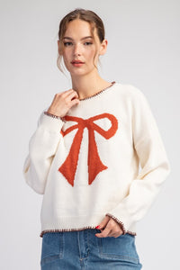 Oatmeal Bow Stitch Long Sleeve Sweater Top