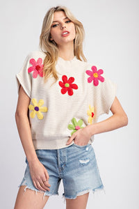 Oatmeal Flower Pattern Short Sleeve Sweater Top